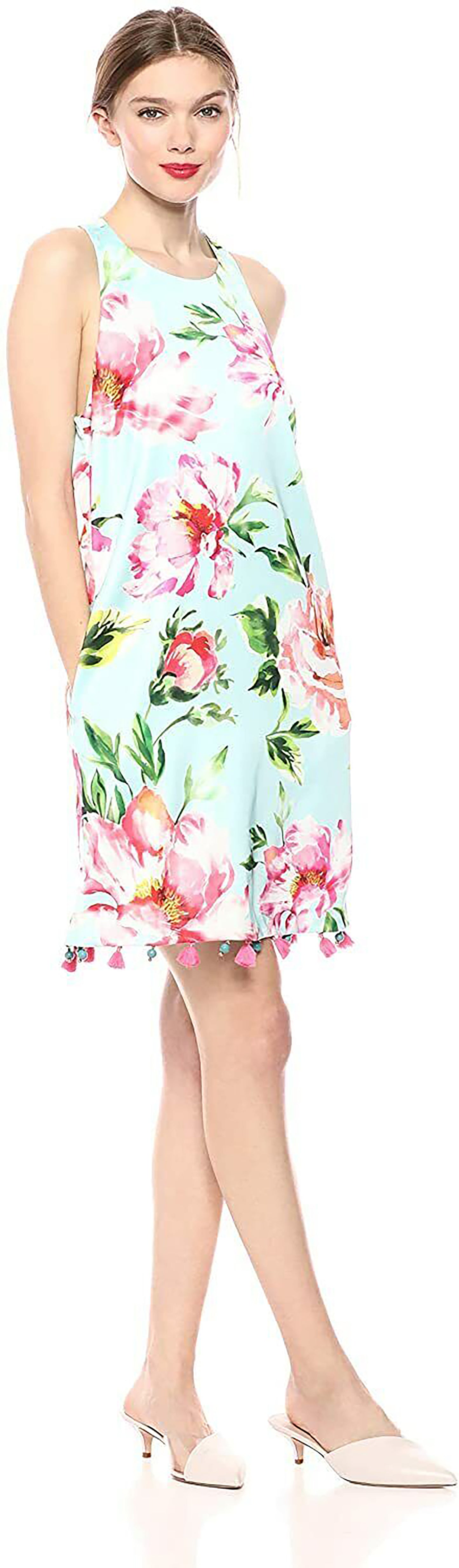 LAUNDRY BY SHELLI SEGAL Women's Aqua Fringed Floral Sleeveless Jewel Neck Dress Size 4