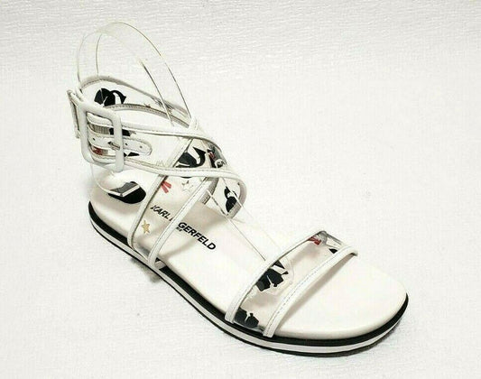 NEW RARE UNIQUE KARL LAGERFELD Leather and PVC print White Flats Sandals Size 6 - SVNYFancy