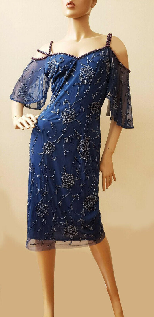 Pisarro Nights Blue Beaded Mesh Sheath Gown Evening Formal Dress  Size 2 - SVNYFancy