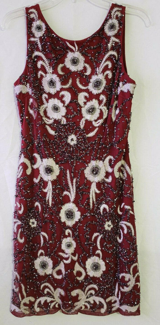 Pisarro Nights Red Beaded Mesh Sheath Gown Evening Dress  Size 4 - SVNYFancy