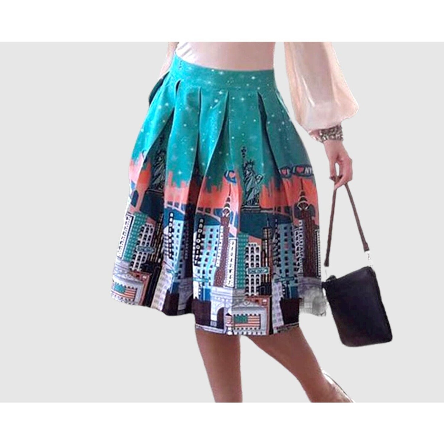 Sucrefas Retro New York City Skyline Pleated Turquoise Skirt Size S or US 4