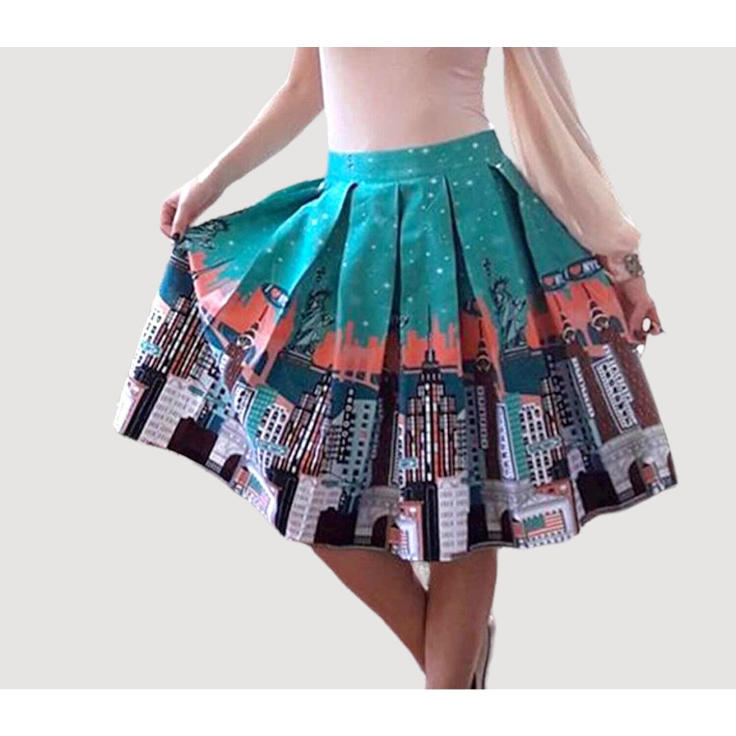 Sucrefas Retro New York City Skyline Pleated Turquoise Skirt Size S or US 4