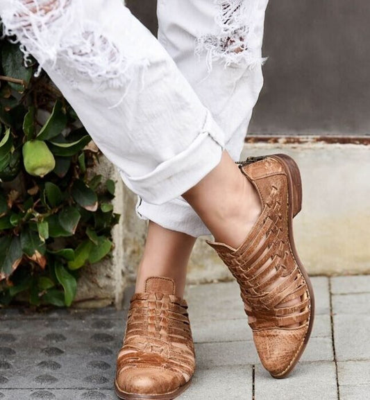 Bed Stu Las Cruces Womens Tan Lux Leather Zipper Strap Sandals Shoes Size US 7.5
