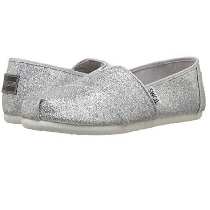 Toms Youth Classics Girl's Silver Sparkle Glitter Slip On Shoes Size 2