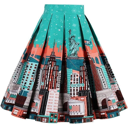 Sucrefas Retro New York City Skyline Pleated Turquoise Skirt Size S or US 4