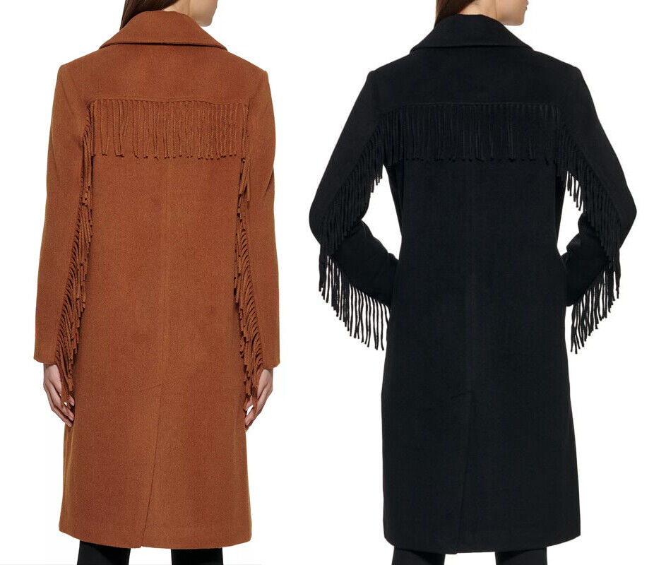 KENNETH COLE Women's Single-Breasted Wool Blend Fringe Walker Coat Size S