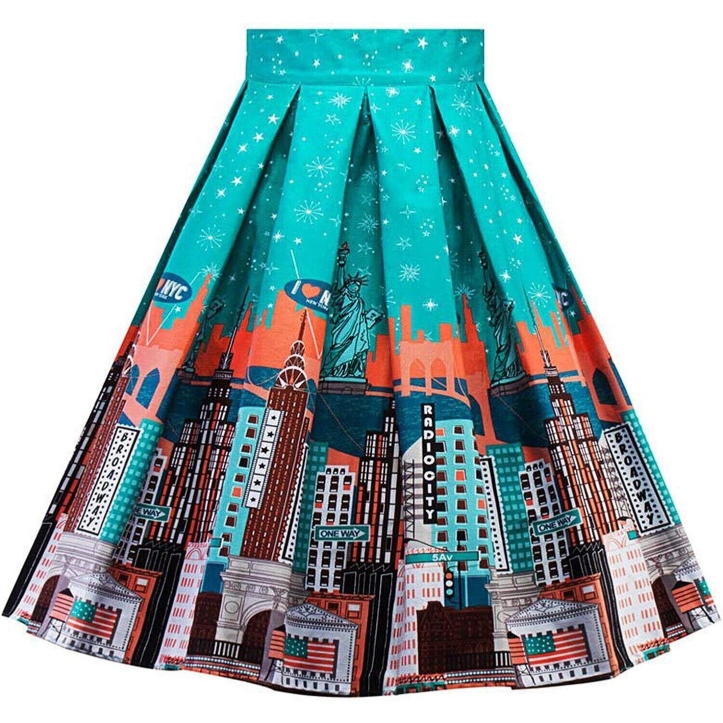 Sucrefas Retro New York City Skyline Pleated Turquoise Skirt Size S or US 4