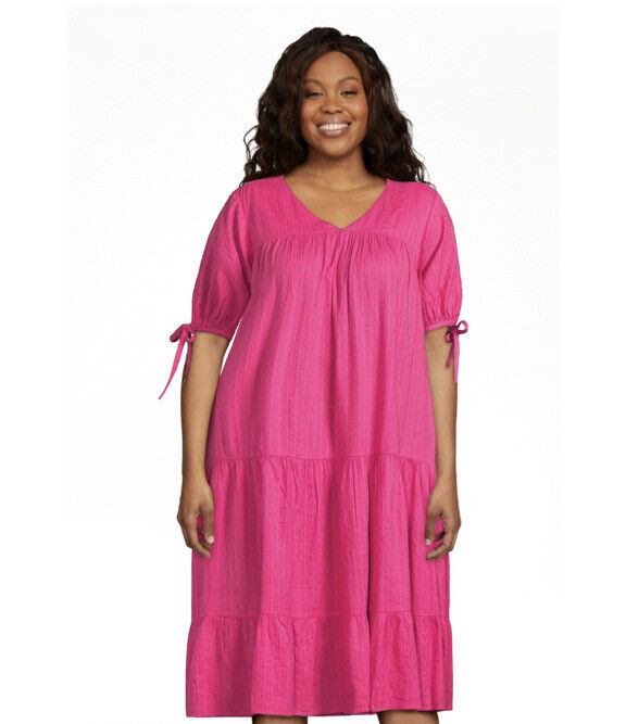 Terra And Sky Wonens Plus Tiered Pink Dress Tied Sleeves Size 1X (16W-18W)