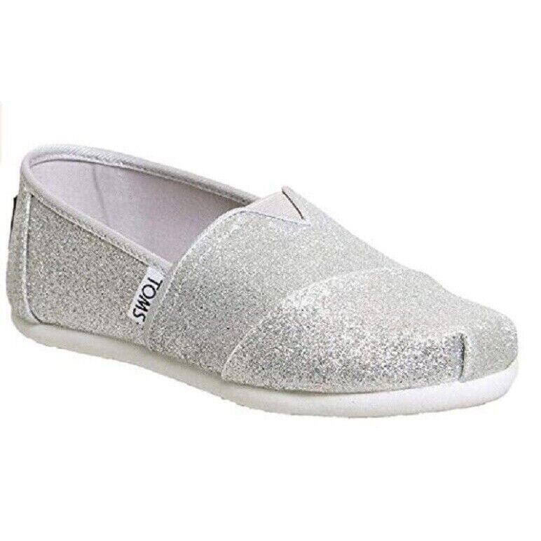 Toms Youth Classics Girl's Silver Sparkle Glitter Slip On Shoes Size 2