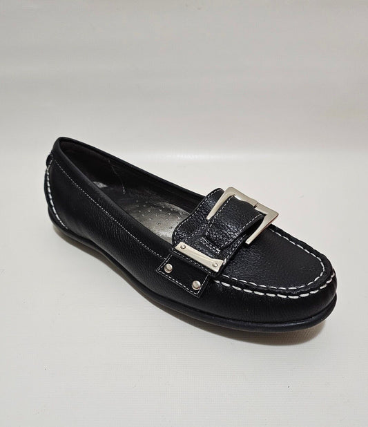 Renalison Chaussures mocassins décontractés à enfiler en cuir noir pour femme Taille US 7