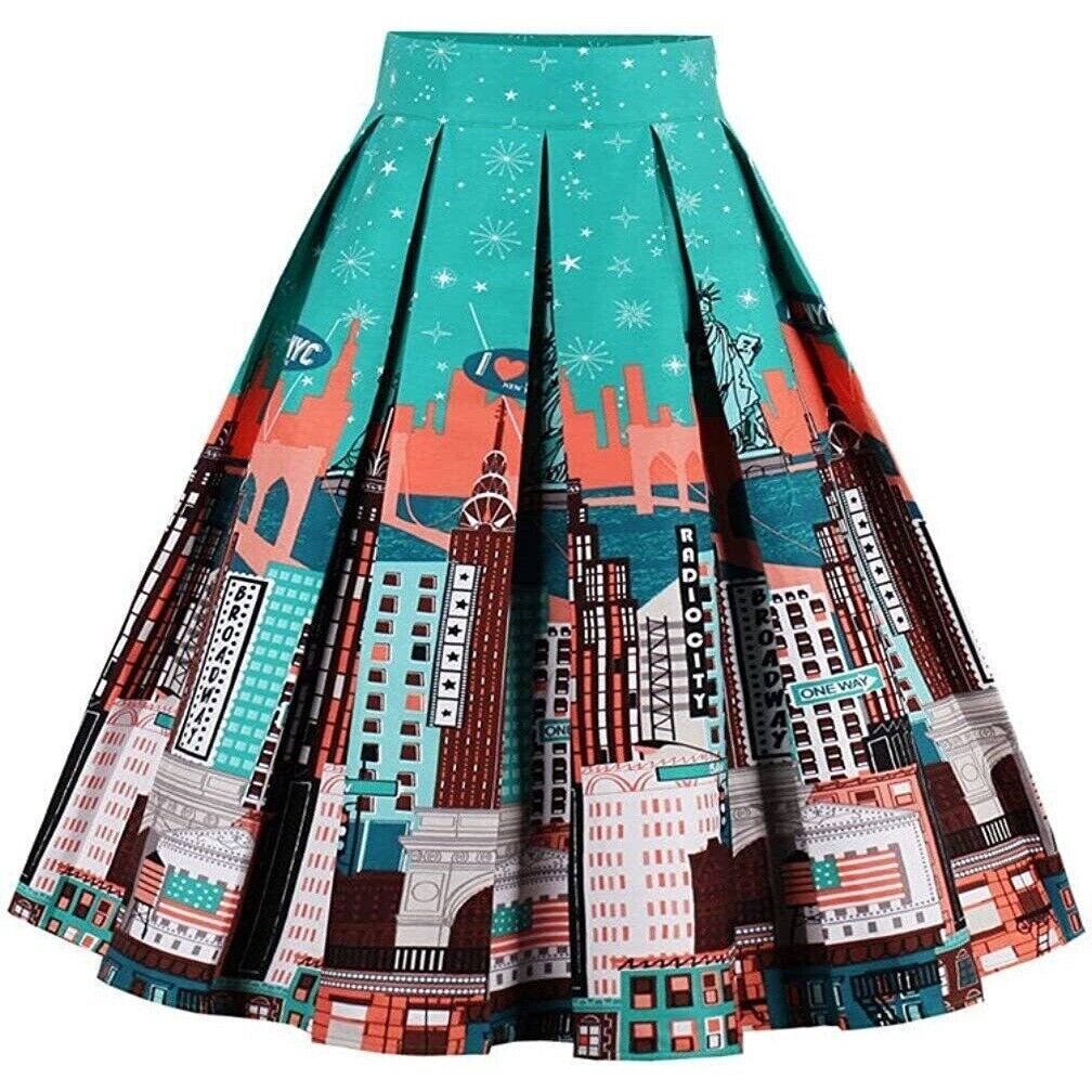 Sucrefas Retro New York City Skyline Pleated Turquoise Skirt Size S or US 4