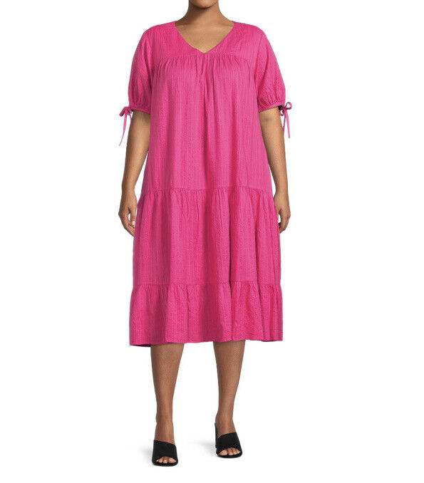 Terra And Sky Wonens Plus Tiered Pink Dress Tied Sleeves Size 1X (16W-18W)