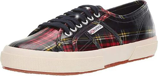 A casual Superga 2750 Red Tartan Plaid sneaker with a lace-up closure and a white synthetic rubber sole.