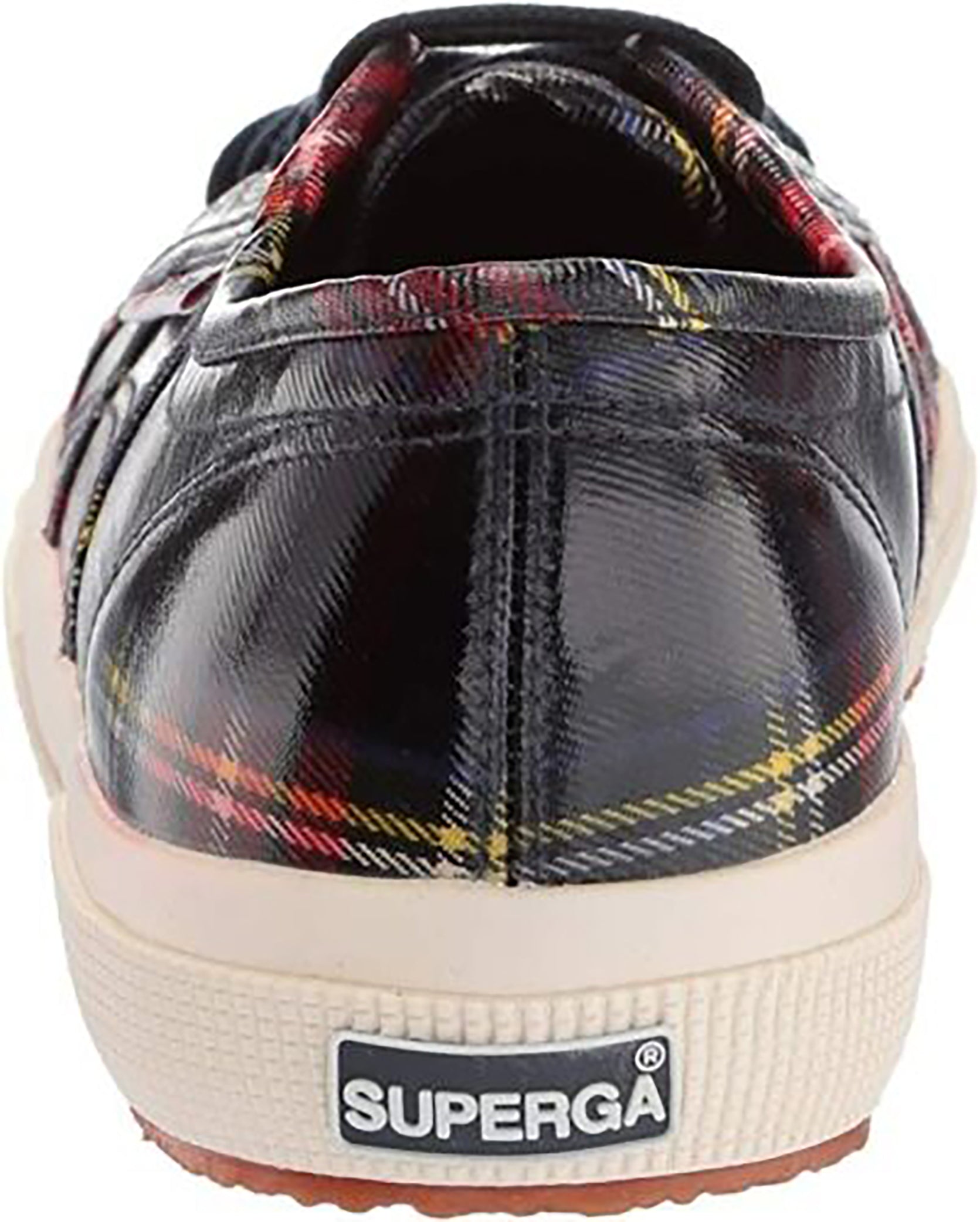 A rear view of a Superga 2750 Red Tartan Plaid sneaker featuring a checkered pattern and a glossy finish, highlighting the brand's loop signature tag on the heel tab.