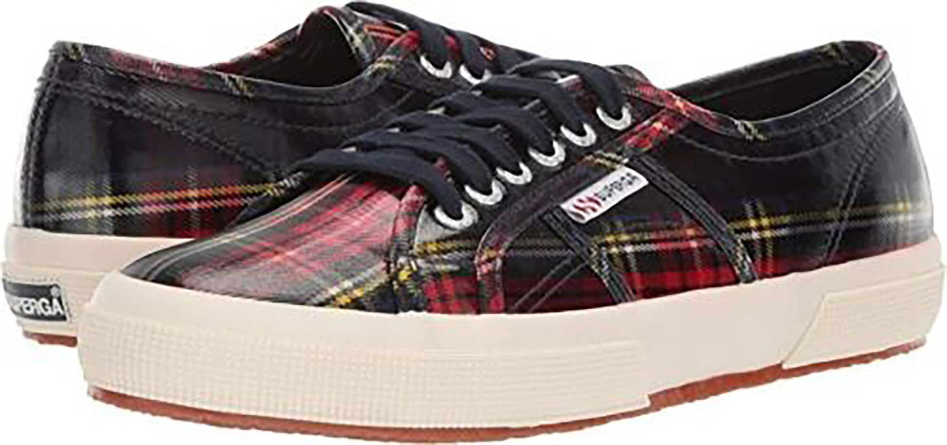 A pair of Superga 2750 Red Tartan Plaid sneakers featuring a lace-up closure with dark laces, and white synthetic rubber soles.
