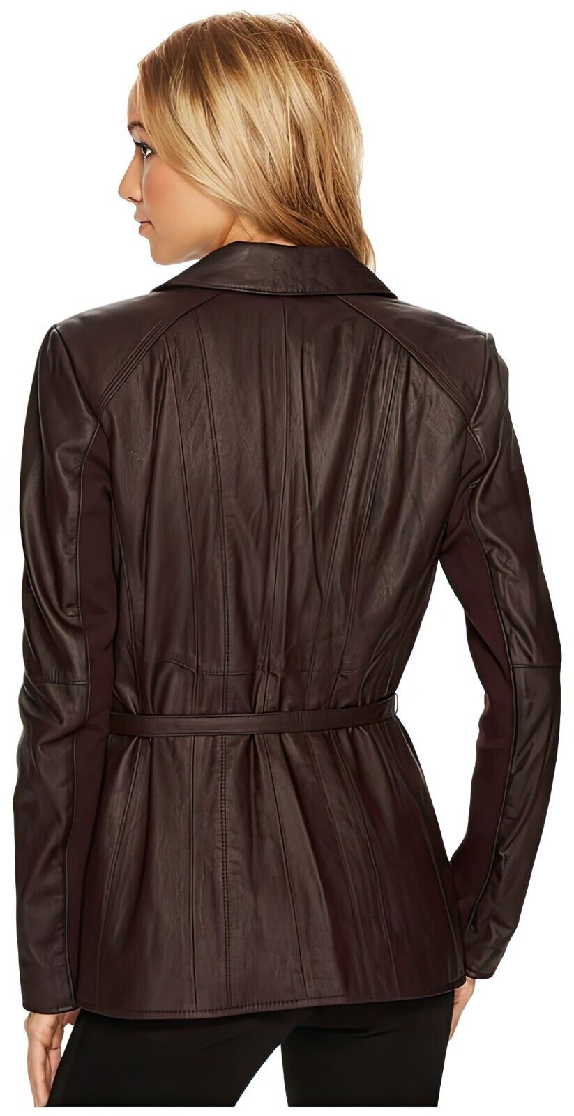 A woman showcasing the back view of a stylish brown goatskin leather jacket featuring a belted waist and detailed stitching, MARC NEW YORK ANDREW MARC Farley Belted Luxurious Genuine Leather Burgundy Jacket  S.