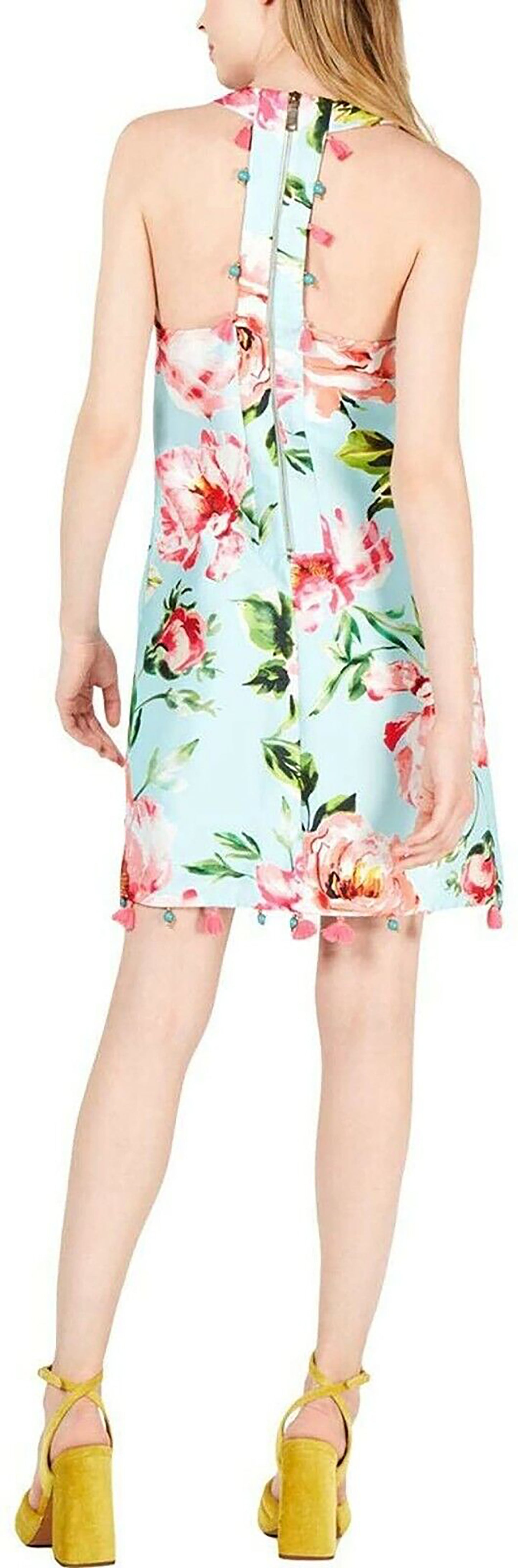 LAUNDRY BY SHELLI SEGAL Women's Aqua Fringed Floral Sleeveless Jewel Neck Dress Size 2