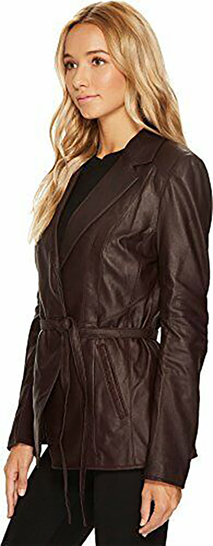A woman showcasing a stylish MARC NEW YORK ANDREW MARC Farley Belted Luxurious Genuine Leather Burgundy Jacket with a belt tie at the waist.