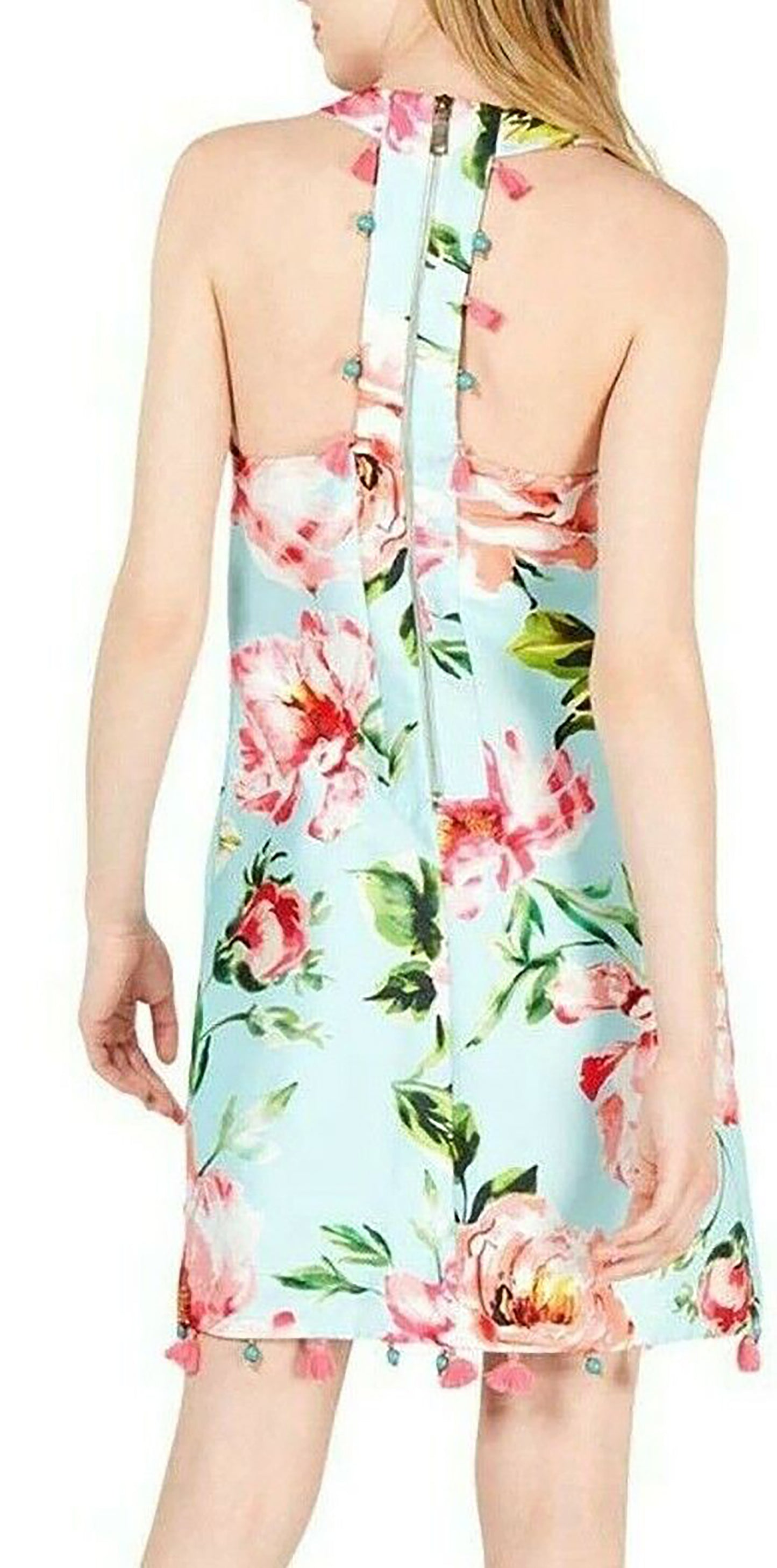 LAUNDRY BY SHELLI SEGAL Women's Aqua Fringed Floral Sleeveless Jewel Neck Dress Size 4