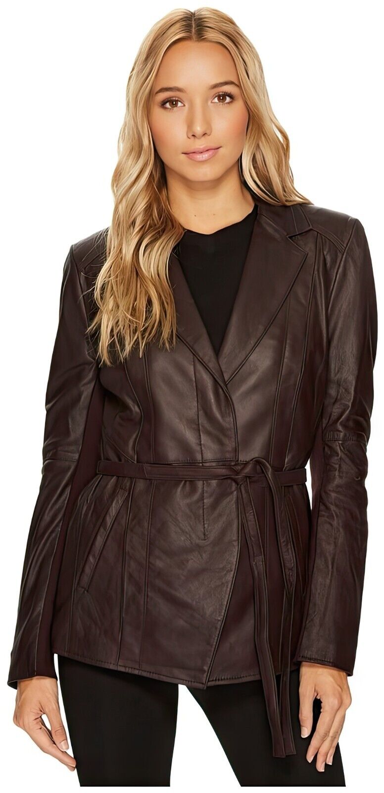A woman wearing a stylish MARC NEW YORK ANDREW MARC Farley Belted Luxurious Genuine Leather Burgundy Jacket with a belt and a black top.
