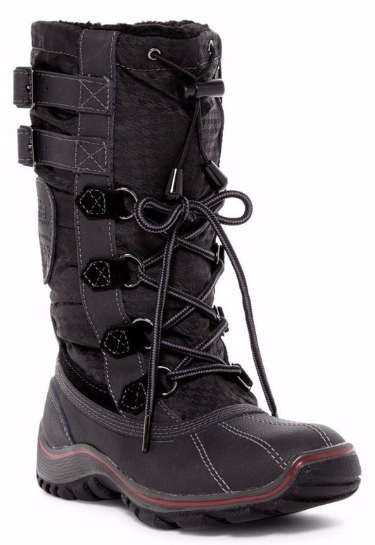 A tall, black waterproof Pajar Adriana women's winter snow boot with quilting details, equipped with laces and buckle straps, and a sturdy sole designed for cold weather grip.