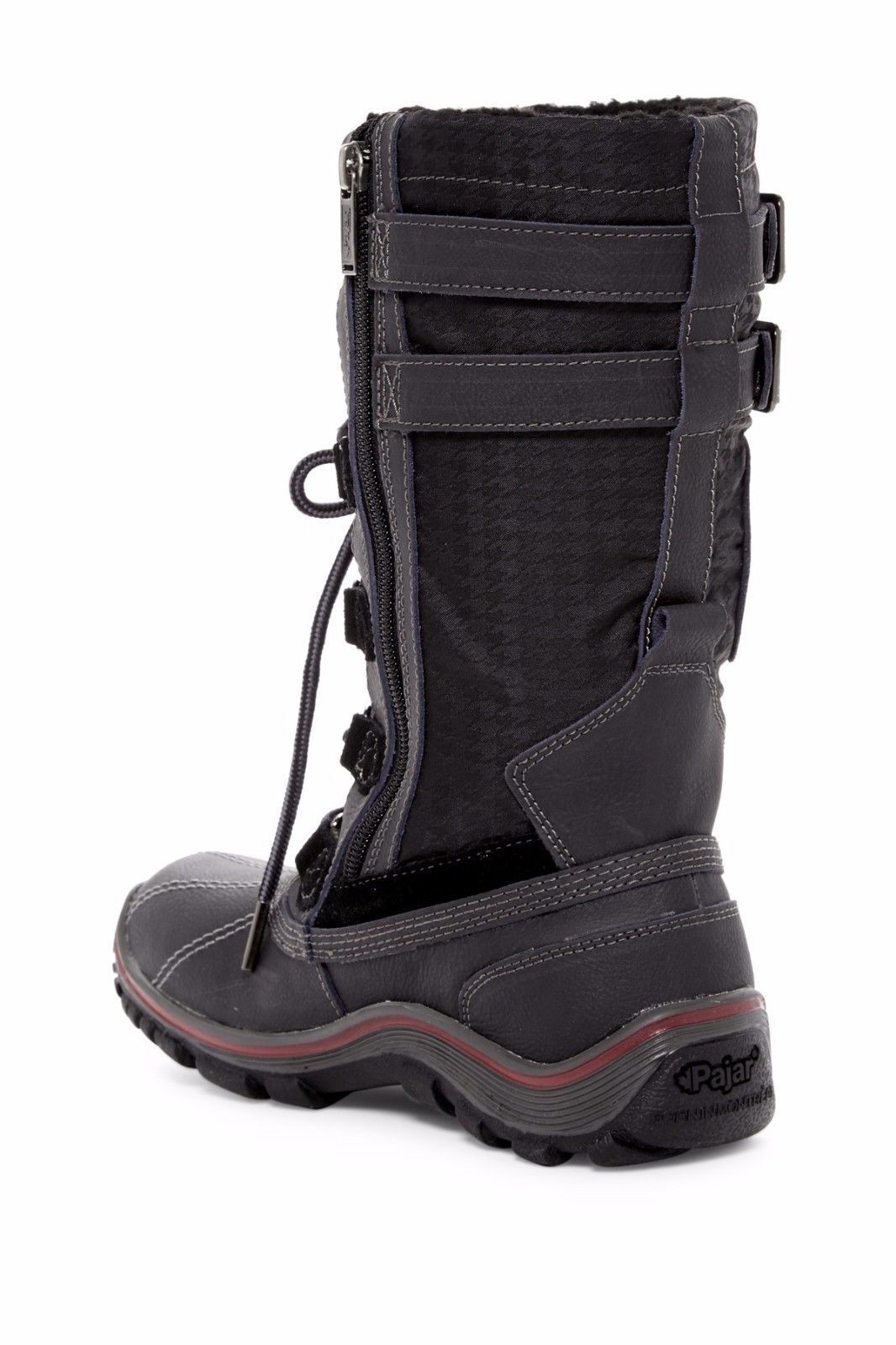 A sturdy black Pajar Adriana Women's Winter Snow Waterproof Boots Size US 5-5.5 with laces and multiple zippers designed for cold weather, standing upright against a white background.