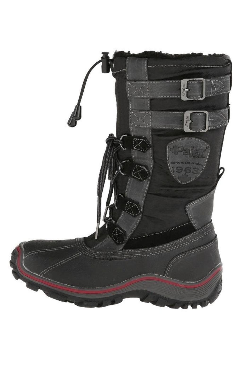 A black Pajar Adriana Women's Winter Snow Waterproof boot with red trim, featuring lace-up front and buckle details, designed for cold weather.