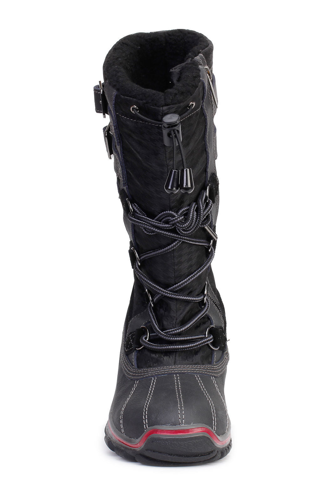 A side view of a black women's Pajar Adriana winter boot with a fur lining, laced-up front, adjustable buckles, and a sturdy sole designed for cold weather.