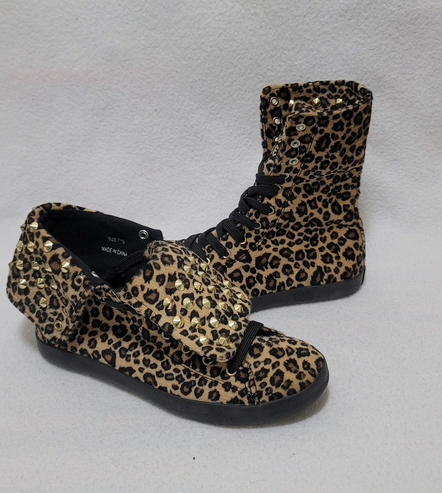 Cute To The Core Thrill Leopard Print Black High-Top Studded Sneakers Size US 7.5 - SVNYFancy