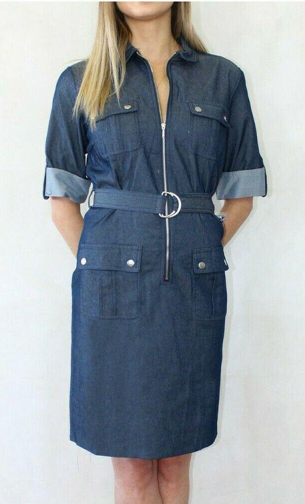 SHARAGANO Belted Stretch Shirt Dress Roll Tab Sleeves Women’s Size 8P Petite - SVNYFancy