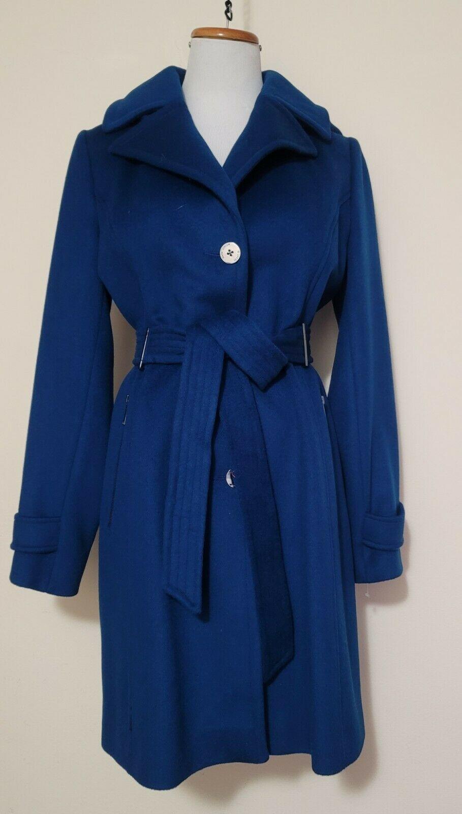 MICHAEL KORS Hooded Wool Blend Belted Blue Coat Size S - SVNYFancy