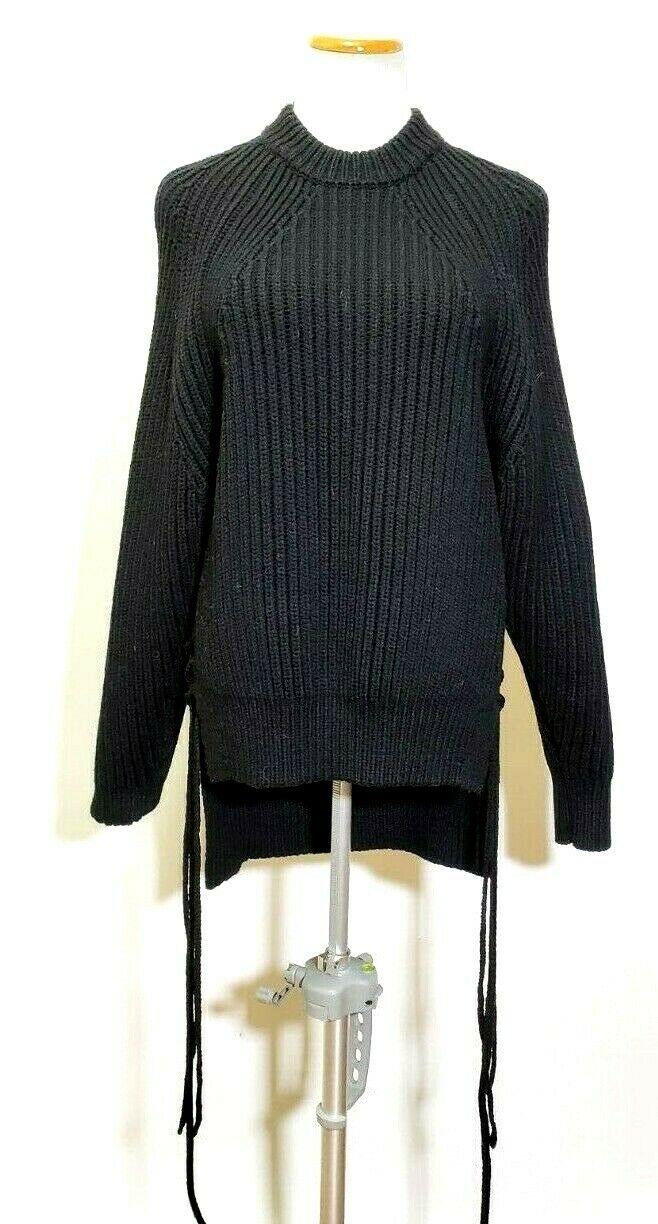 DKNY Pure Heavy Knit Oversize Wool Black Lace-Up Sweater Size S - SVNYFancy