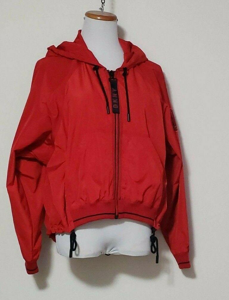 DKNY Women's Cropped Windbreaker Jacket Hooded Camo Lined Red Size S - SVNYFancy