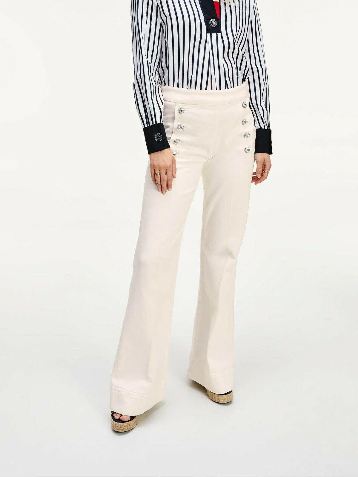 Tommy Hilfiger Icon Sailor High Waist Flare Jeans Off White 35" Inseam Size US 4 - SVNYFancy