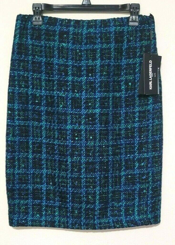 Karl Lagerfeld Paris Pencil Tweed Blue Skirt Knee Length Lined Multi Zip Back Size 6 - SVNYFancy