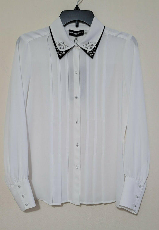 Karl Lagerfeld White With Pearl  Button Relaxed Fit Blouse Size XS - SVNYFancy