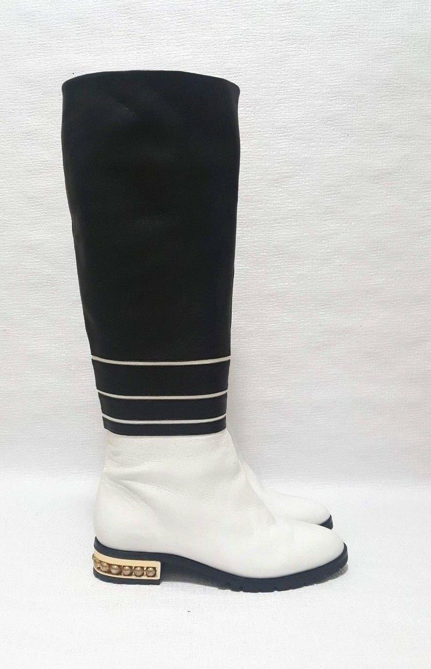 RARE UNIQUE KARL LAGERFELD Black White Lambskin Leather Beaded-Heel Boots SAMPLE Size 6 - SVNYFancy