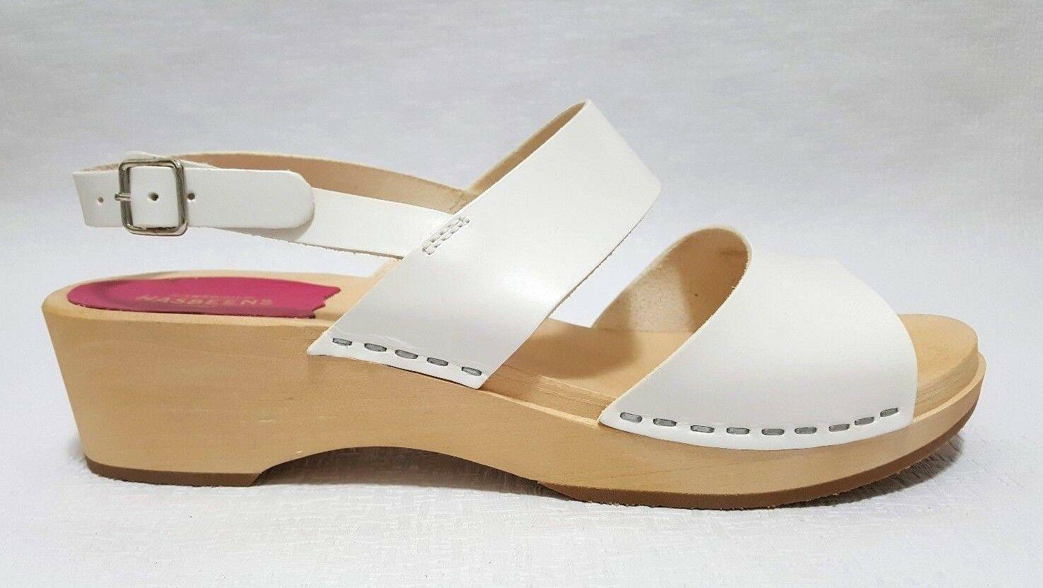 Swedish Hasbeens Helena Womens Leather Wooden Sandals, White EUR 40 - SVNYFancy