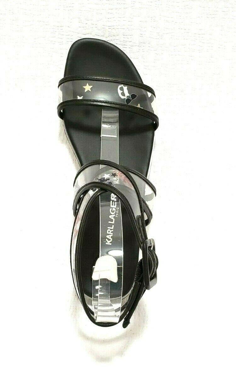 NEW RARE UNIQUE KARL LAGERFELD Leather and PVC print Black Flats Sandals Size 6 - SVNYFancy