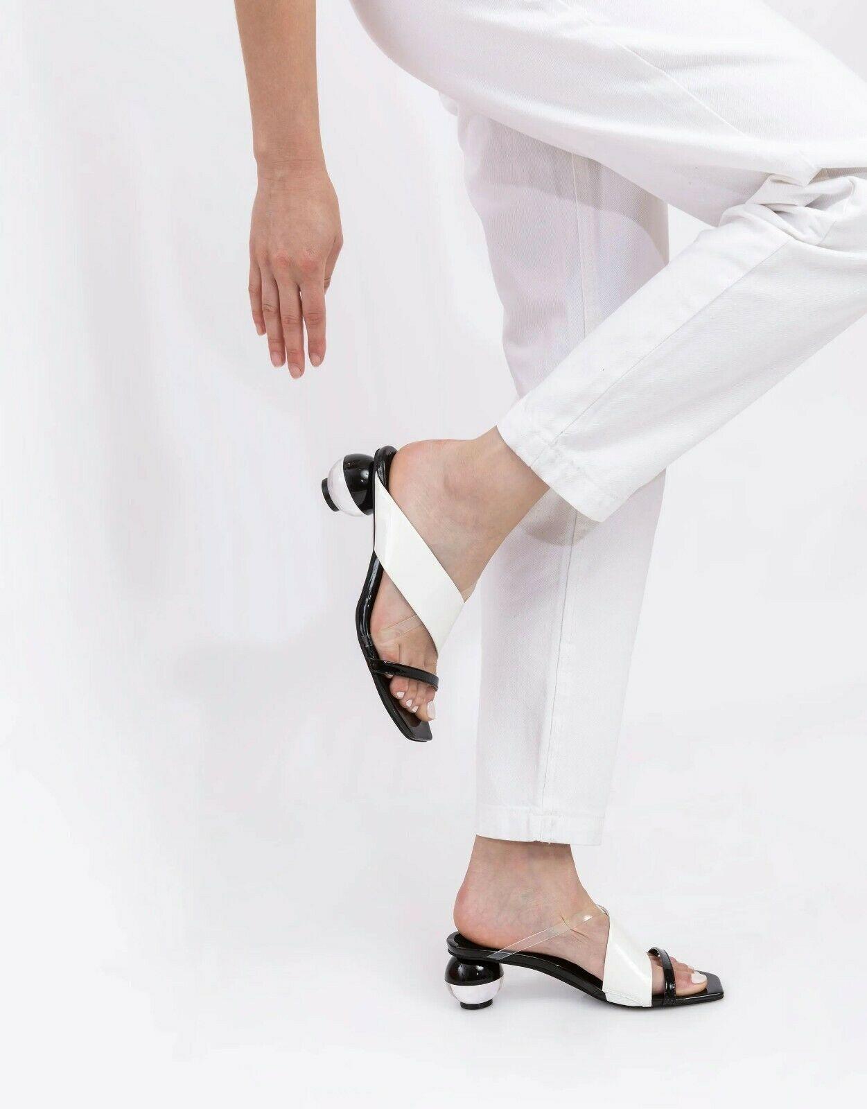 Jeffrey Campbell Lateral Ball Heel Slide Sandal In Black White Patent Leather Size 8 - SVNYFancy