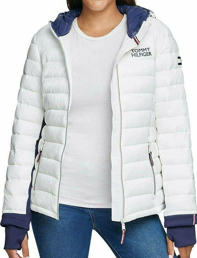 Tommy Hilfiger Womens Packable Hooded Puffer Jacket White Navy Size M - SVNYFancy