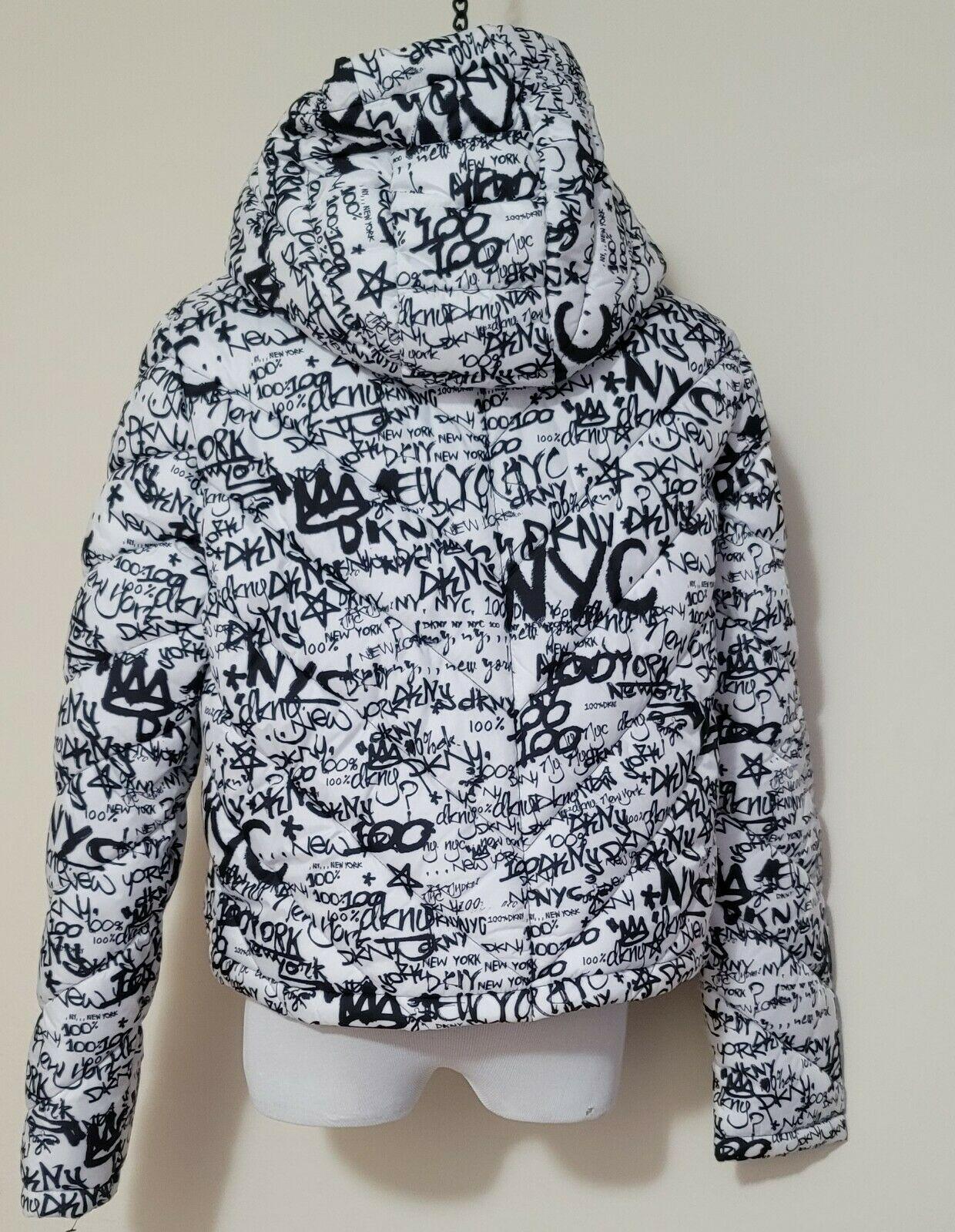 DKNY Graffiti Logo Print Quilted Oversized Puffer Jacket White Black Womens S - SVNYFancy