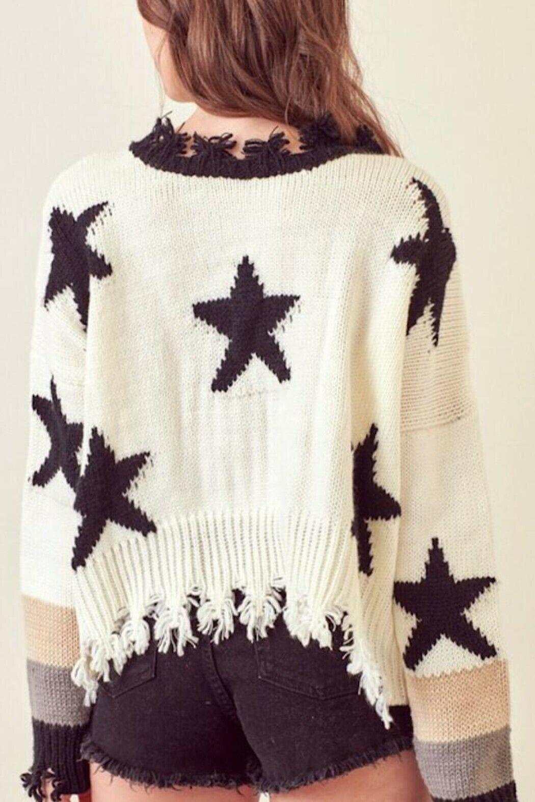 STORIA  BLACK STAR SWEATER V-Neck Knitted Pullover White Black Size L - SVNYFancy