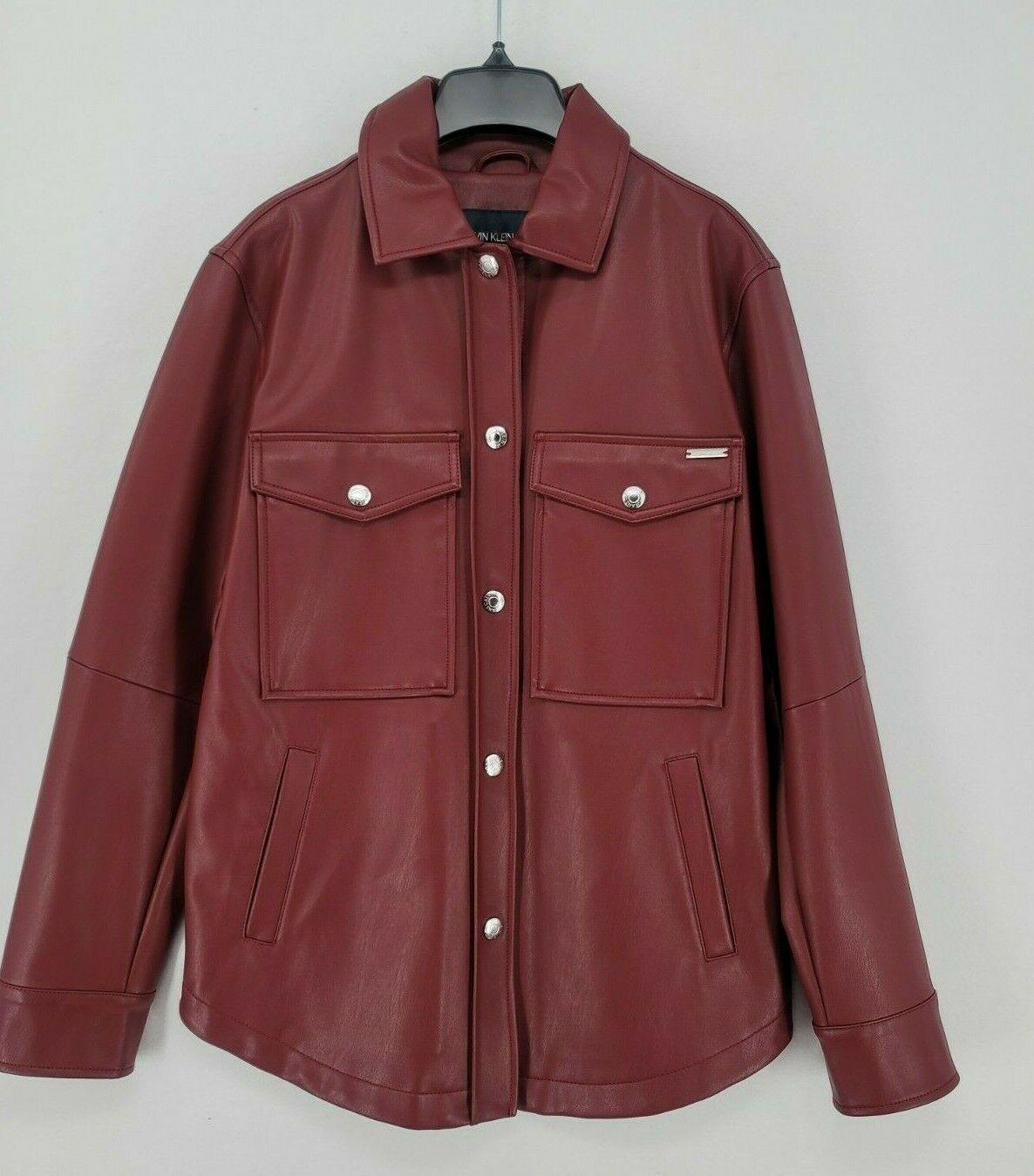 CALVIN KLEIN JEANS Women's Faux-Leather Button-Front Shirt Jacket Wine S - SVNYFancy