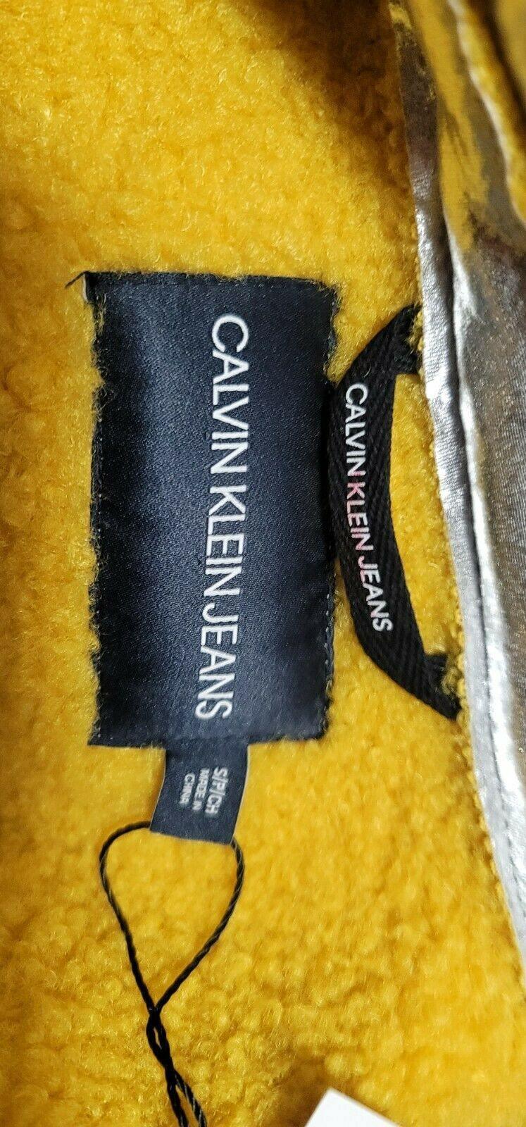 Calvin Klein Jeans Faux Leather Shearling Trucker Silver Yellow Jacket Size US S - SVNYFancy