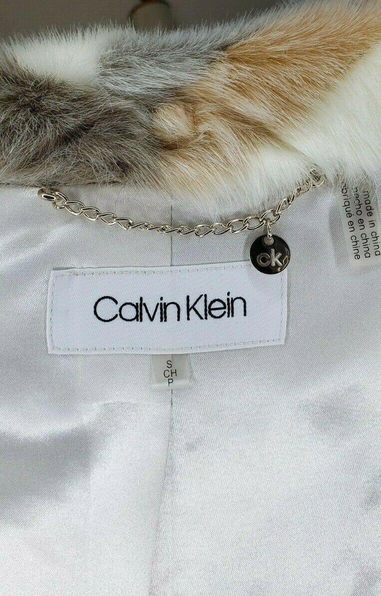 Calvin Klein Women's Chevron Faux Fur Beige White Grey Brown Coat Size S - SVNYFancy