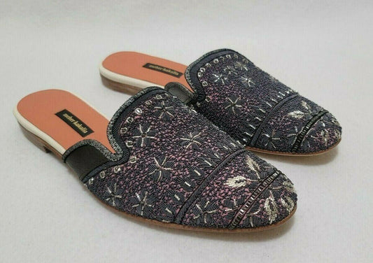 Meher Kakalia Queen Pink Gray Embroidered Slide Flats Womens Size 9 Italian 39 - SVNYFancy