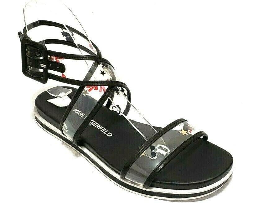 NEW RARE UNIQUE KARL LAGERFELD Leather and PVC print Black Flats Sandals Size 6 - SVNYFancy