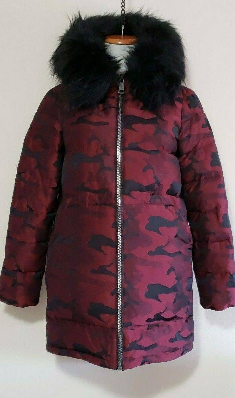 DKNY Womens Camo Red Black Faux Fur Trim Hooded Coat Puffer Size S - SVNYFancy