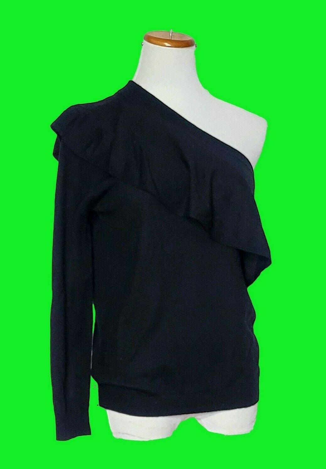 Kokun Wool Cashmere Blend Black Asymmetrical Off-the-Shoulder Ruffle Sweater M - SVNYFancy